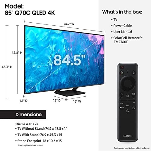 SAMSUNG 85-Inch Class QLED 4K Q70C Series Quantum HDR, Dual LED, Object Tracking Sound Lite, Q-Symphony, Motion Xcelerator Turbo+, Gaming Hub, Smart TV with Alexa Built-in (QN85Q70C, 2023 Model),Black : Electronics - Image 2